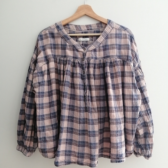 Free People We The Free Jessi Plaid Pleated Trapeze Top Balloon Sleeves Large - Picture 3 of 16